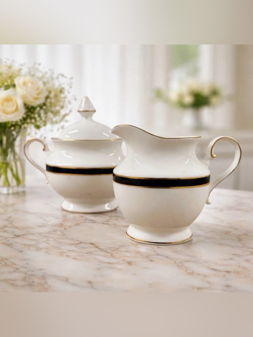 Mikasa Black Tie L6206 Creamer & Covered Sugar Bowl Japan Gold Trim Bone China